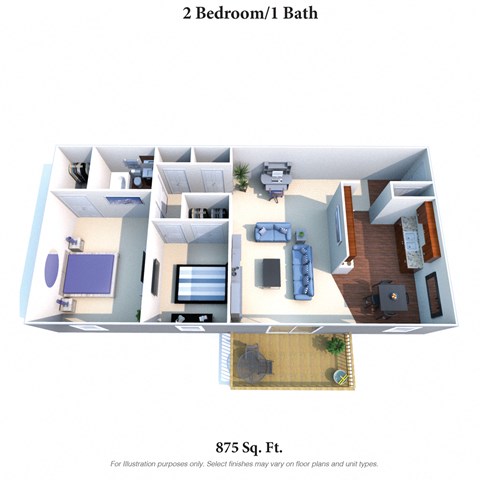 Floor plan for 2 beds, 1 bath, 875 sqft